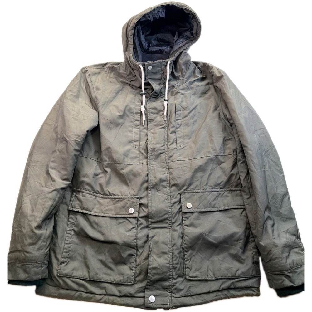 Bershka Men's Hooded Puffer Jacket Green Quilted Insulated Size L